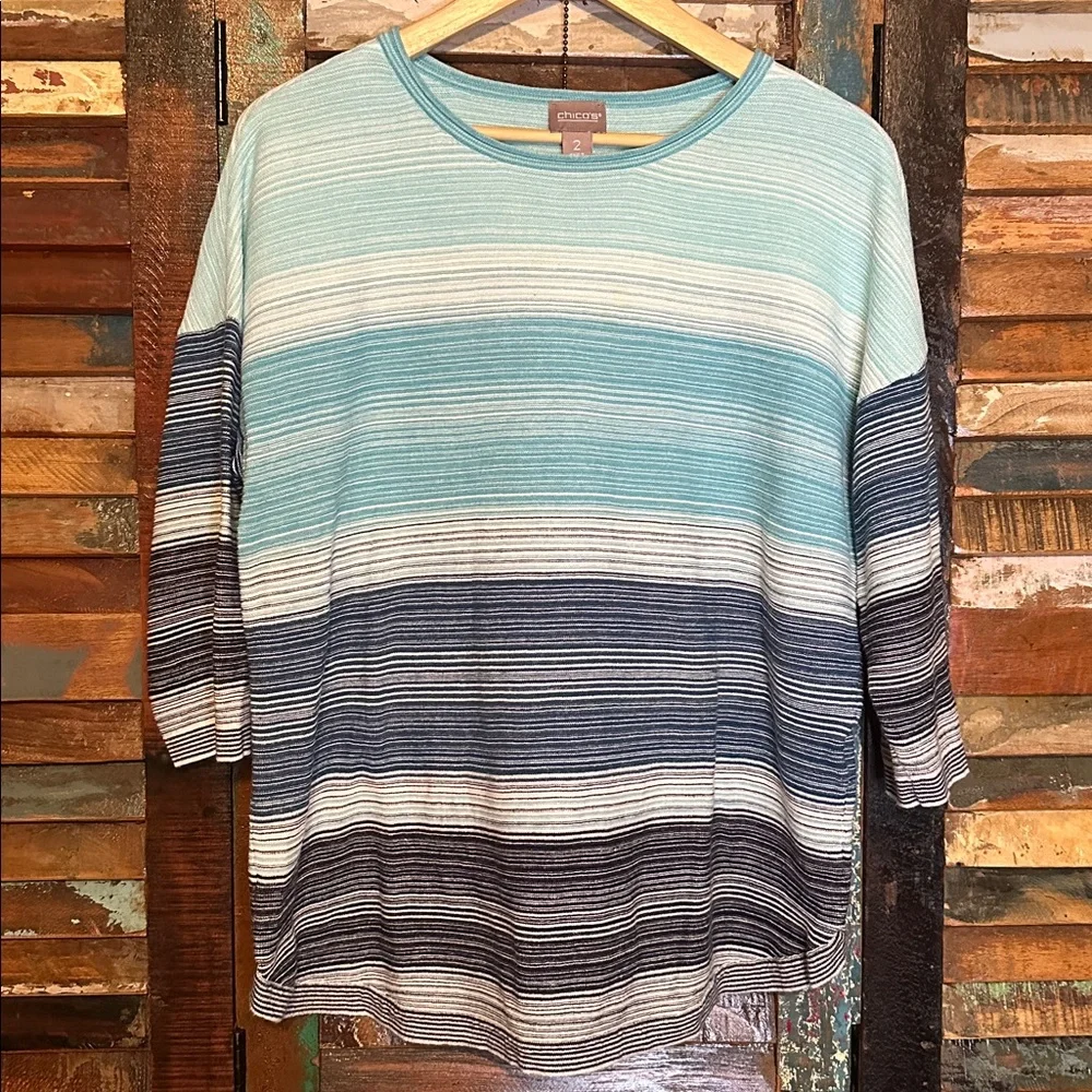 Chico's Casual Multicolor Striped Crewneck Sweater 3/4 sleeve size 2 - Picture 2 of 6